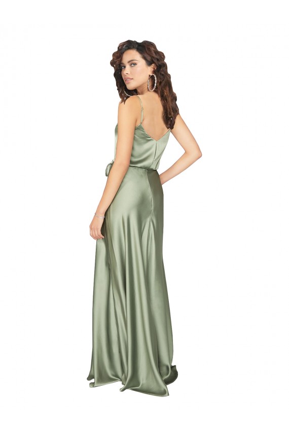 Long Sleeveless Silky Satin Smoke Green A-Line Formal Evening Dress