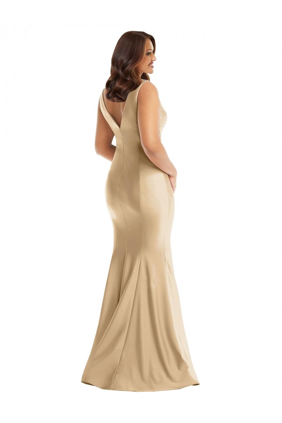 Long Sleeveless Silky Satin Soft Gold V-Neck Mermaid Plus Size Formal Evening Dress