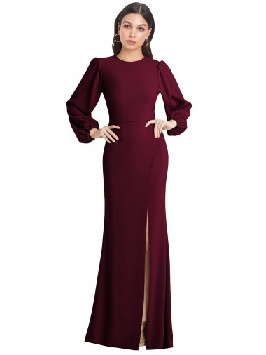 Long Puff Sleeves Stretch Crepe Burgundy Gold Trumpet Formal Dress for Sale
