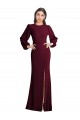 Long Puff Sleeves Stretch Crepe Burgundy Gold Trumpet Formal Dress
