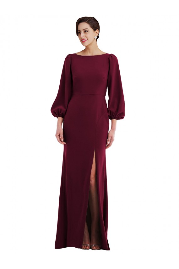 Long Long Sleeves Stretch Crepe Burgundy Gold Trumpet Formal Evening Dress
