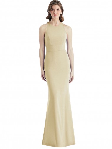 Long Sleeveless Stretch Crepe Champagne Trumpet Semi Formal Evening Dress for Sale