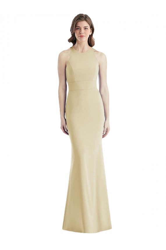 Long Sleeveless Stretch Crepe Champagne Trumpet Semi Formal Evening Dress