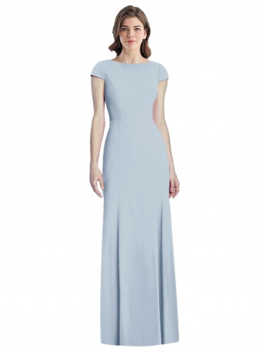 Long Cap Sleeves Stretch Crepe Light Sky Blue Trumpet Formal Dress for Sale