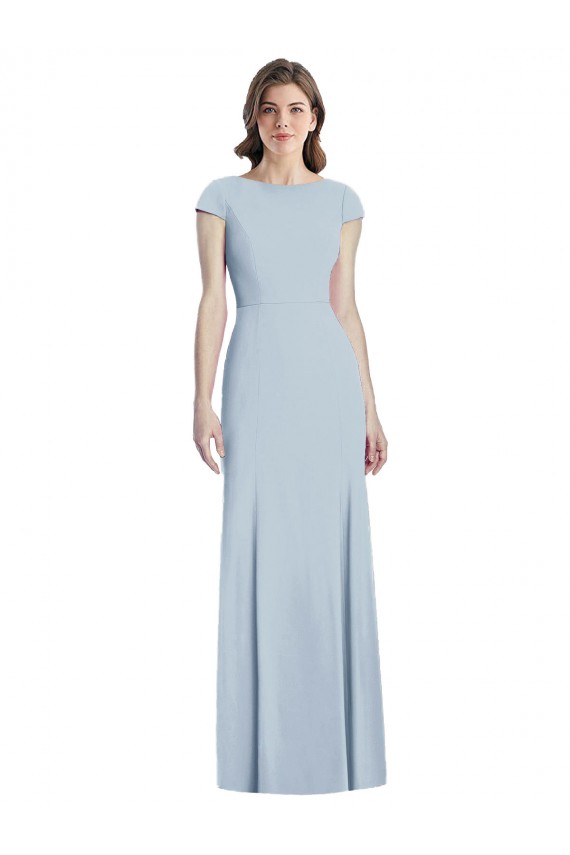 Long Cap Sleeves Stretch Crepe Light Sky Blue Trumpet Formal Dress