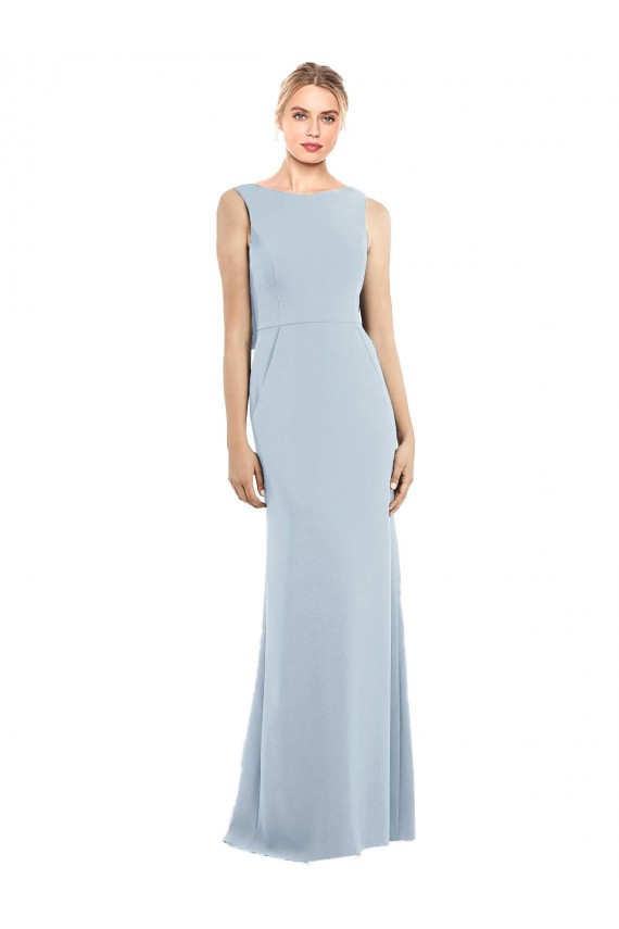 Long Sleeveless Stretch Crepe Light Sky Blue Bateau Neck Trumpet Semi Formal Evening Dress