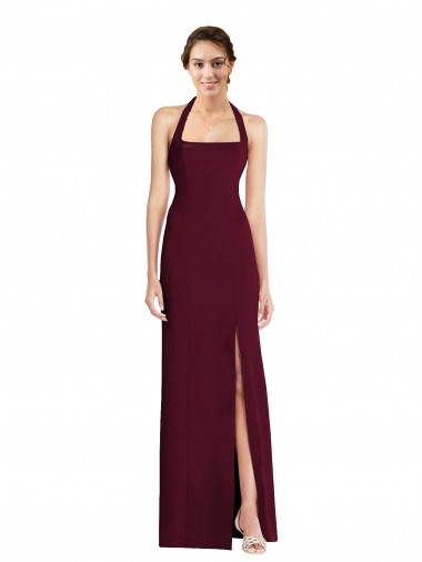 Long Sleeveless Stretch Crepe Burgundy Gold Halter Neck Trumpet Semi Formal Evening Dress for Sale