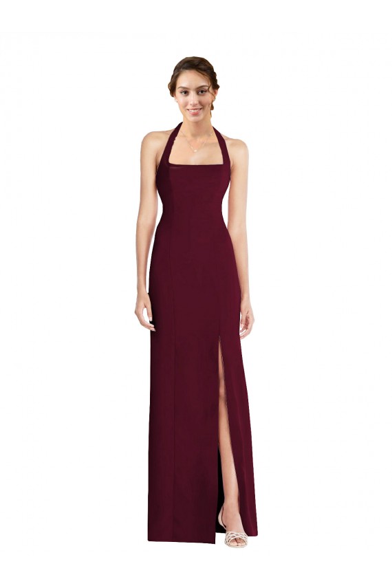 Long Sleeveless Stretch Crepe Burgundy Gold Halter Neck Trumpet Semi Formal Evening Dress