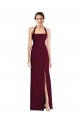 Long Sleeveless Stretch Crepe Burgundy Gold Halter Neck Trumpet Semi Formal Evening Dress