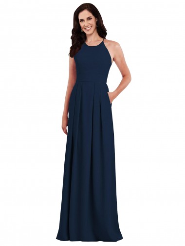 Long Sleeveless Stretch Crepe Dark Navy Trumpet Semi Formal Evening Dress for Sale