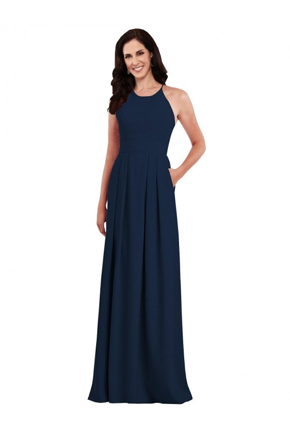 Long Sleeveless Stretch Crepe Dark Navy Trumpet Semi Formal Evening Dress