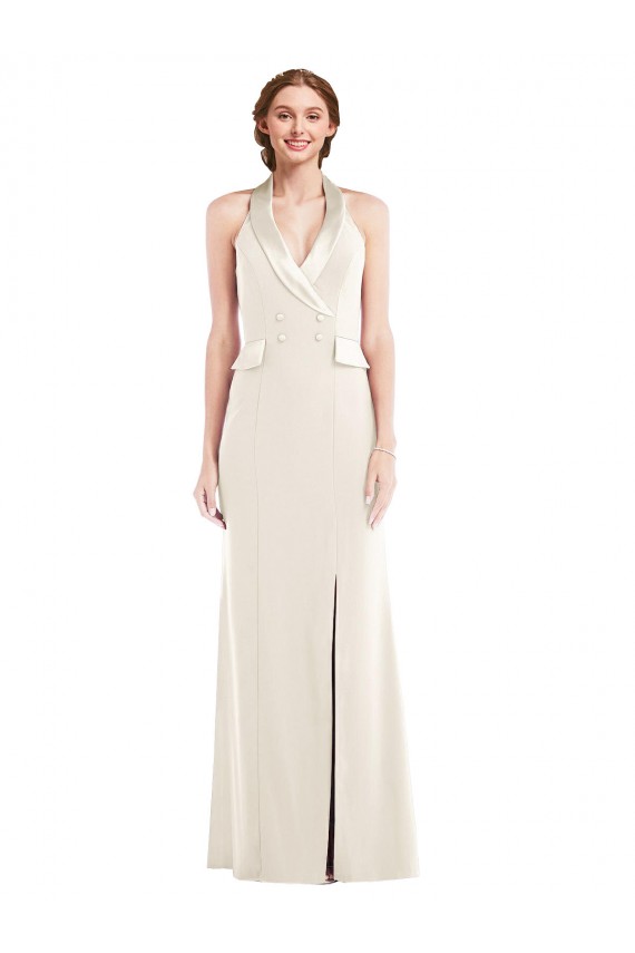 Long Sleeveless Stretch Crepe Ivory Trumpet Semi Formal Evening Dress