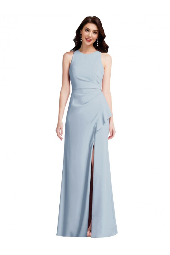 Long Sleeveless Stretch Crepe Light Sky Blue Halter Neck Trumpet Formal Dress