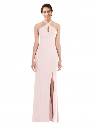 Long Sleeveless Stretch Crepe Pink Halter Neck Trumpet Formal Evening Dress for Sale