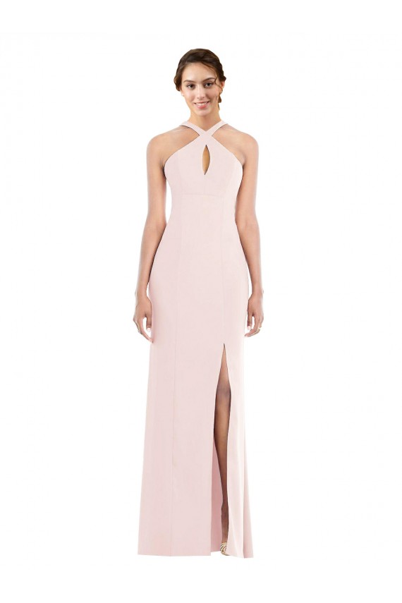 Long Sleeveless Stretch Crepe Pink Halter Neck Trumpet Formal Evening Dress