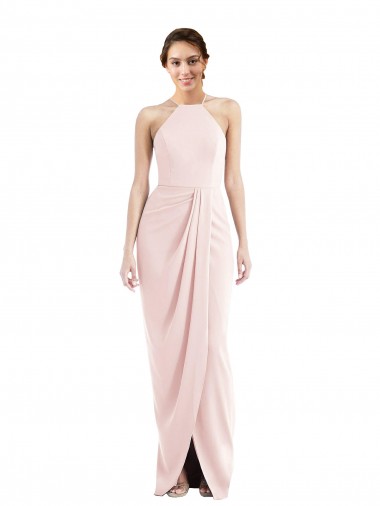 Long Sleeveless Stretch Crepe Pink Halter Neck Trumpet Semi Formal Evening Dress for Sale
