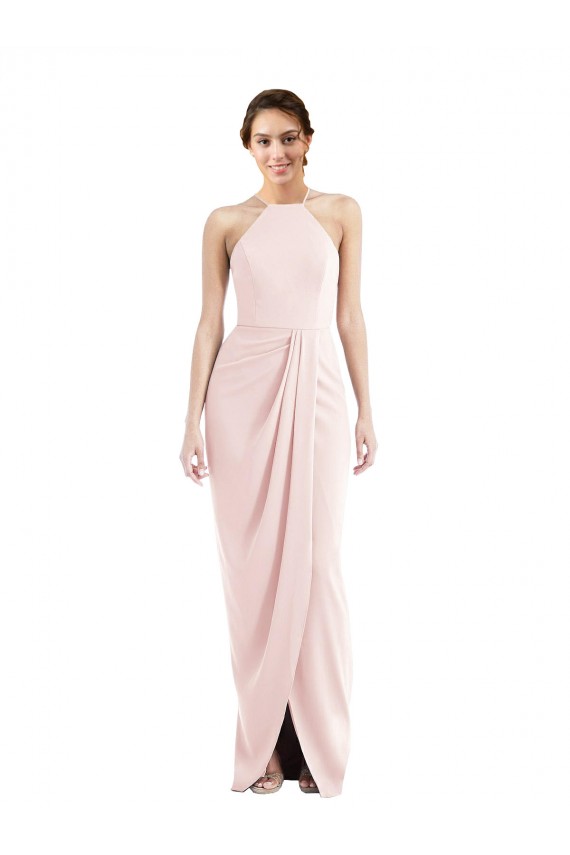 Long Sleeveless Stretch Crepe Pink Halter Neck Trumpet Semi Formal Evening Dress