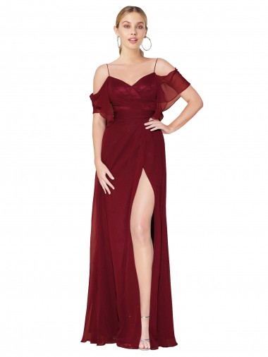Long Cold Shoulder Soft Chiffon Burgundy Trumpet Formal Evening Dress for Sale