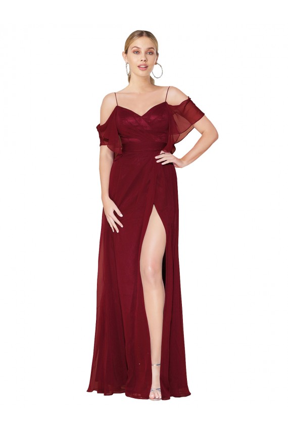 Long Cold Shoulder Soft Chiffon Burgundy Trumpet Formal Evening Dress