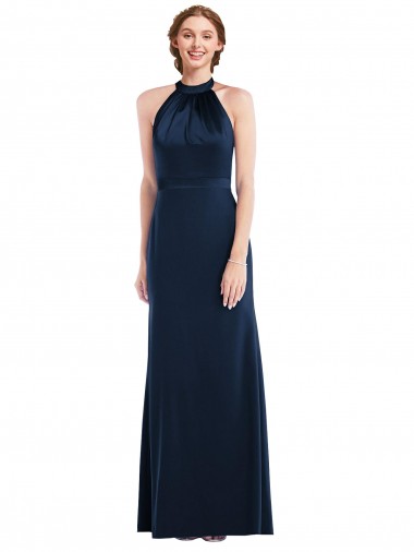 Long Sleeveless Stretch Crepe Dark Navy High Neck Trumpet Semi Formal Evening Dress for Sale