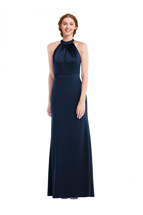 Long Sleeveless Stretch Crepe Dark Navy High Neck Trumpet Semi Formal Evening Dress