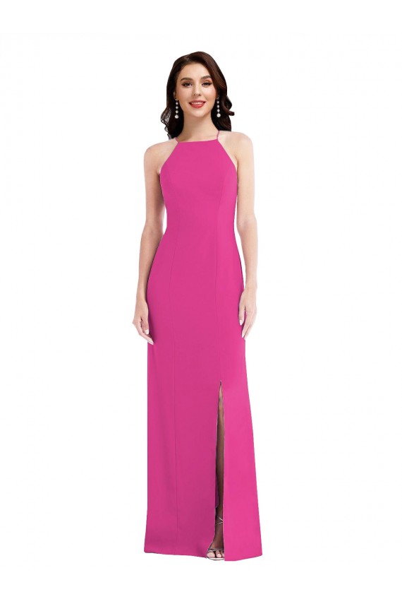 Long Sleeveless Stretch Crepe Fuchsia Trumpet Formal Evening Dress