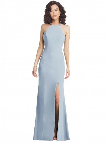 Long Sleeveless Stretch Crepe Light Sky Blue Halter Neck Trumpet Formal Evening Dress for Sale