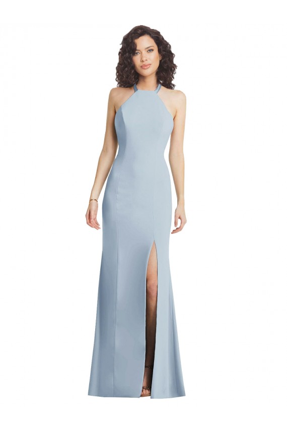 Long Sleeveless Stretch Crepe Light Sky Blue Halter Neck Trumpet Formal Evening Dress