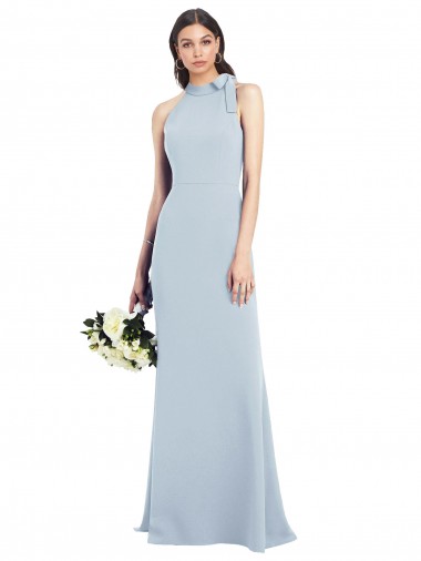 Long Sleeveless Stretch Crepe Light Sky Blue Bow Neck Trumpet Semi Formal Evening Dress for Sale