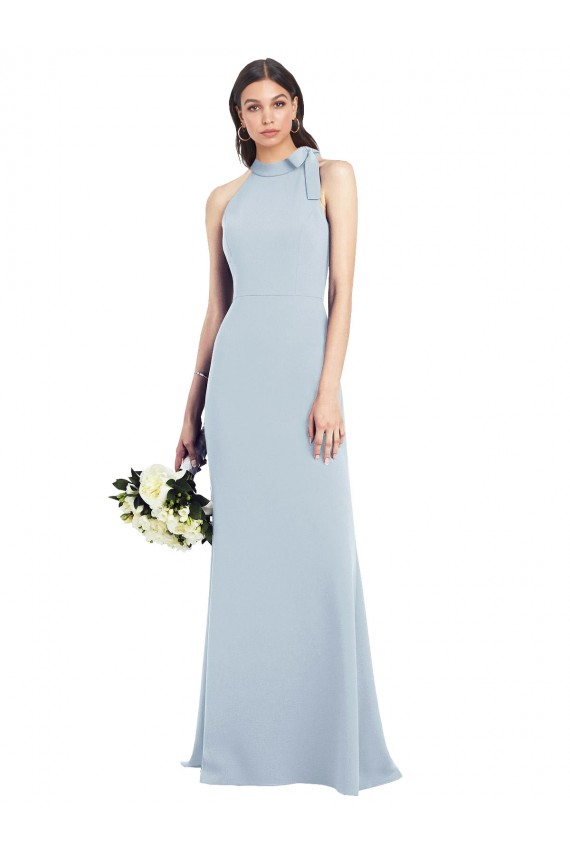 Long Sleeveless Stretch Crepe Light Sky Blue Bow Neck Trumpet Semi Formal Evening Dress