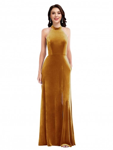 Long Sleeveless Stretch Velvet Gold Halter Neck Trumpet Semi Formal Evening Dress for Sale