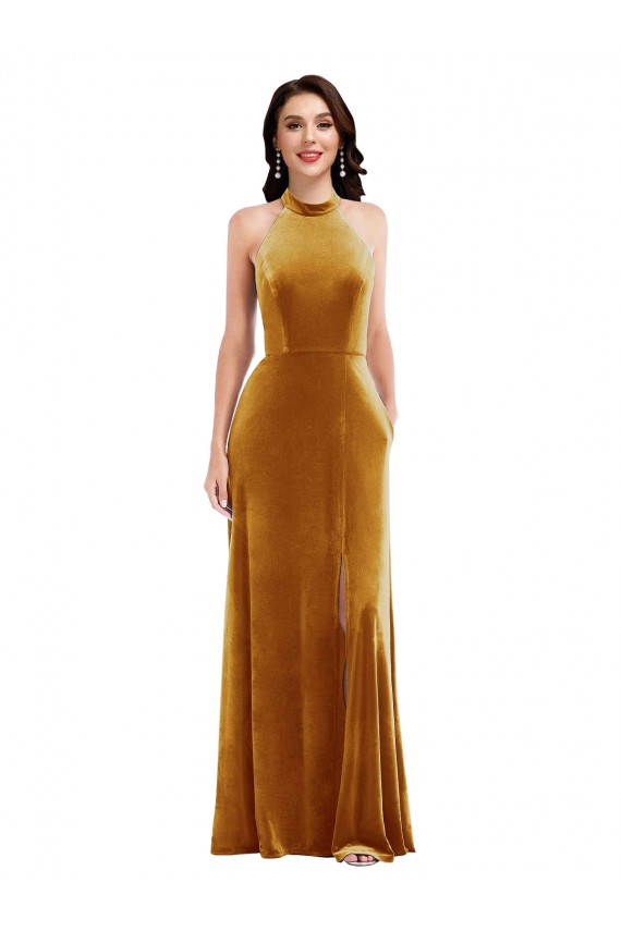 Long Sleeveless Stretch Velvet Gold Halter Neck Trumpet Semi Formal Evening Dress