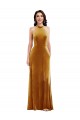 Long Sleeveless Stretch Velvet Gold Halter Neck Trumpet Semi Formal Evening Dress