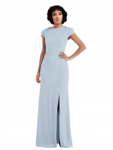 Long Cap Sleeves Stretch Crepe Light Sky Blue Trumpet Semi Formal Evening Dress for Sale