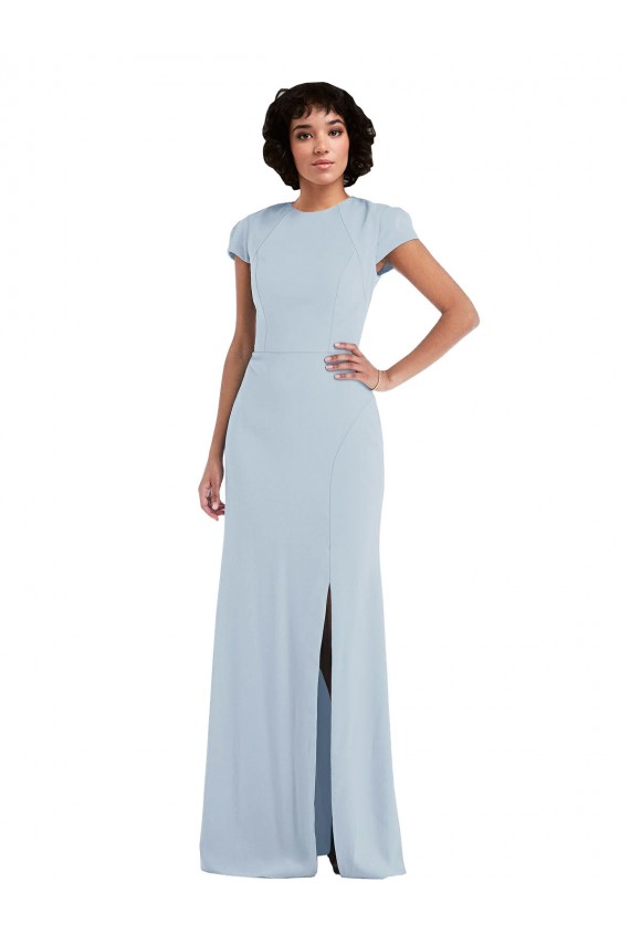 Long Cap Sleeves Stretch Crepe Light Sky Blue Trumpet Semi Formal Evening Dress