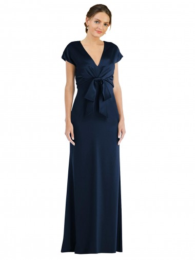 Long Cap Sleeves Stretch Crepe Dark Navy Trumpet Formal Evening Dress for Sale