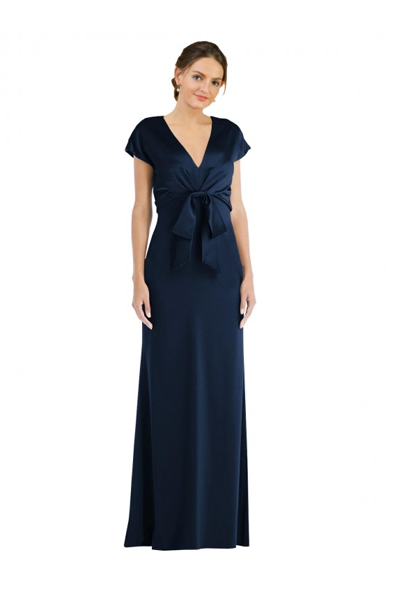 Long Cap Sleeves Stretch Crepe Dark Navy Trumpet Formal Evening Dress