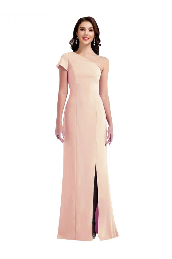 Long Cap Sleeves Stretch Crepe Nude Trumpet Formal Evening Dress
