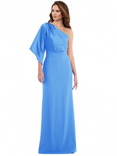 Long Bell Sleeves Stretch Crepe Peacock Blue Trumpet Semi Formal Evening Dress for Sale