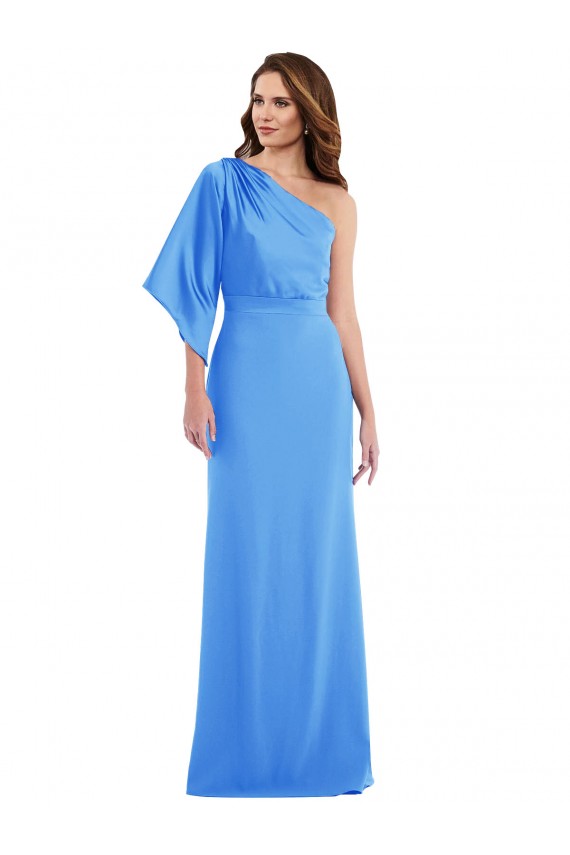 Long Bell Sleeves Stretch Crepe Peacock Blue Trumpet Semi Formal Evening Dress