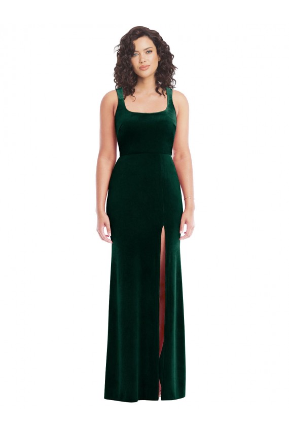 Long Sleeveless Stretch Velvet Dark Green Trumpet Semi Formal Evening Dress