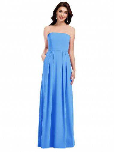 Long Sleeveless Stretch Crepe Peacock Blue Strapless Trumpet Semi Formal Evening Dress for Sale