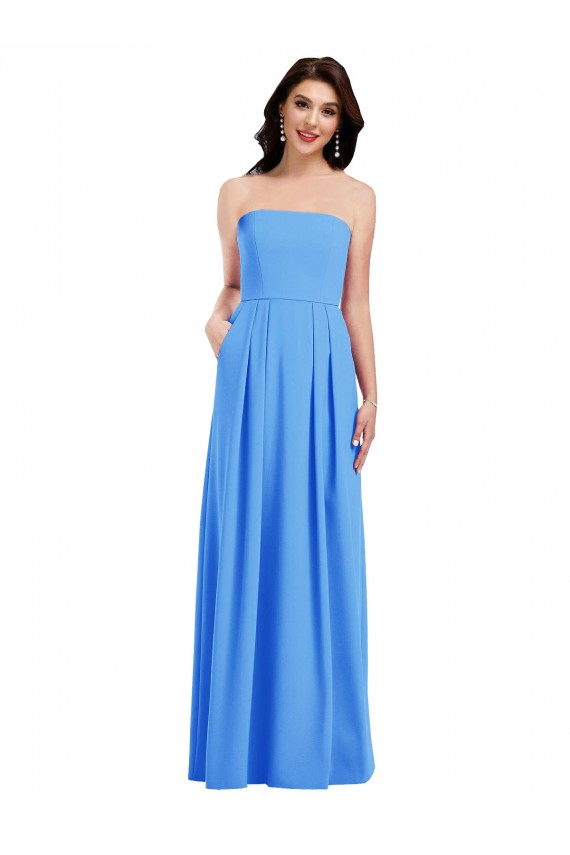 Long Sleeveless Stretch Crepe Peacock Blue Strapless Trumpet Semi Formal Evening Dress
