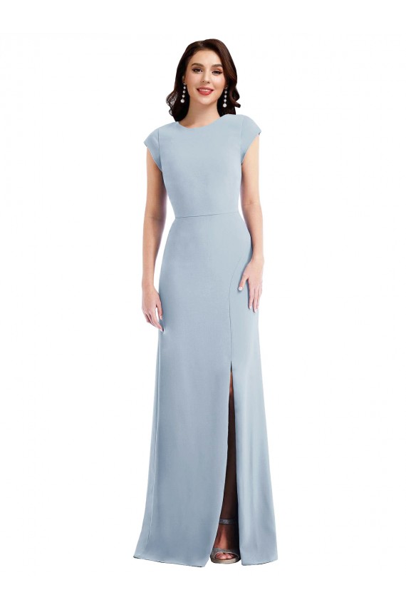 Long Cap Sleeves Stretch Crepe Light Sky Blue Trumpet Formal Evening Dress