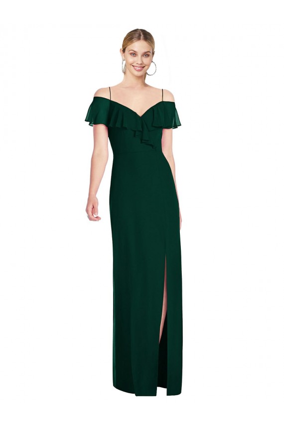 Long Cold Shoulder Soft Chiffon Ever Green Trumpet Semi Formal Evening Dress