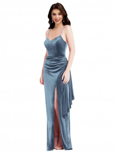 Long Sleeveless Stretch Velvet Dusty Blue Trumpet Formal Evening Dress for Sale