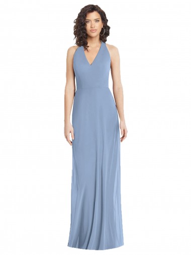 Long Sleeveless Soft Chiffon Dusty Blue Trumpet Formal Evening Dress for Sale