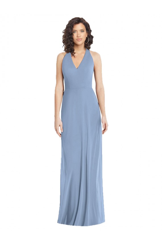 Long Sleeveless Soft Chiffon Dusty Blue Trumpet Formal Evening Dress