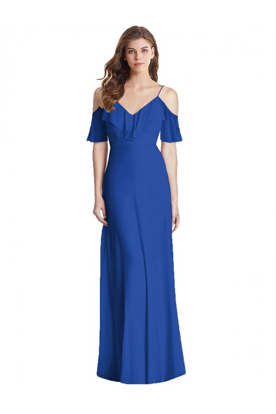 Long Cold Shoulder Soft Chiffon Royal Blue Trumpet Semi Formal Evening Dress