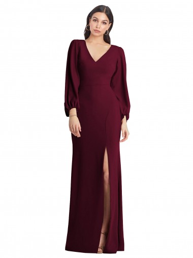 Long Puff Sleeves Stretch Crepe Burgundy Gold Trumpet Semi Formal Evening Dress for Sale